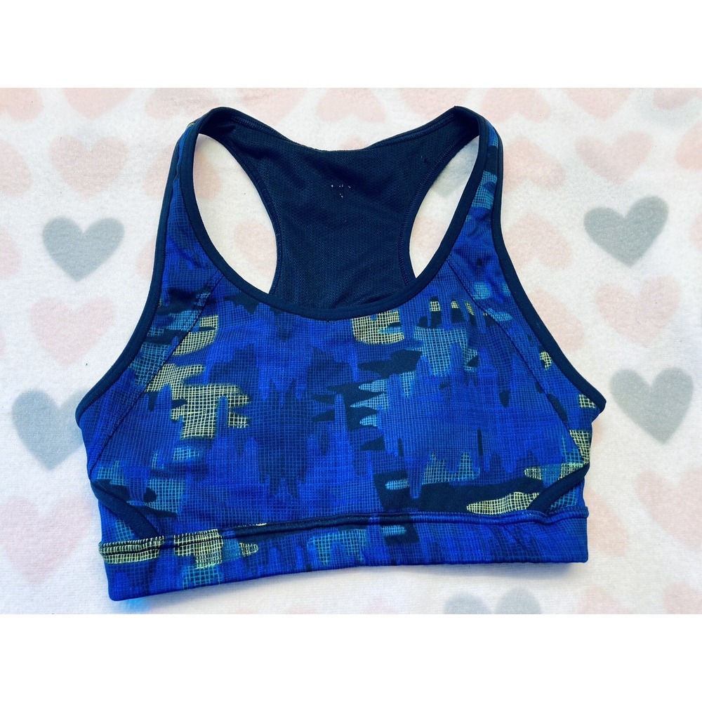 Athleta Sports Bra Womens S Blue Green‎ Abstract Camo Racerback Keyhole Yoga Gym